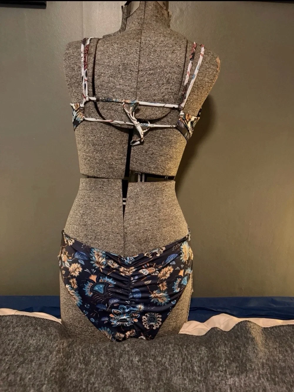 Floral Paisley Two-Piece Bikini Set in Navy and Cream